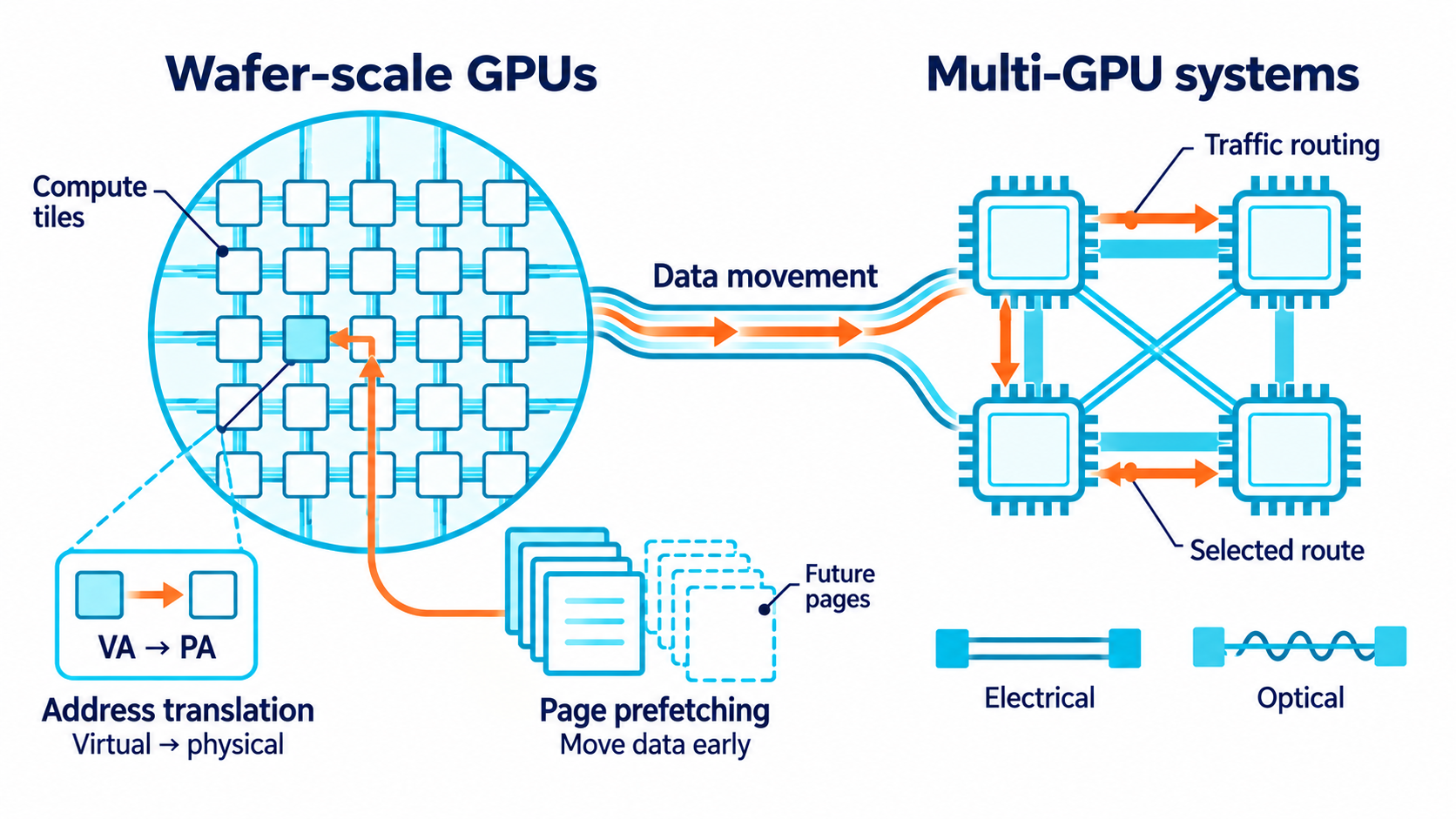 Data moves among compute tiles in wafer-scale GPUs and devices in multi-GPU systems. Address translation maps virtual to physical addresses, page prefetching anticipates data movement, and traffic routing uses different network paths. Electrical and optical links connect compute units.
